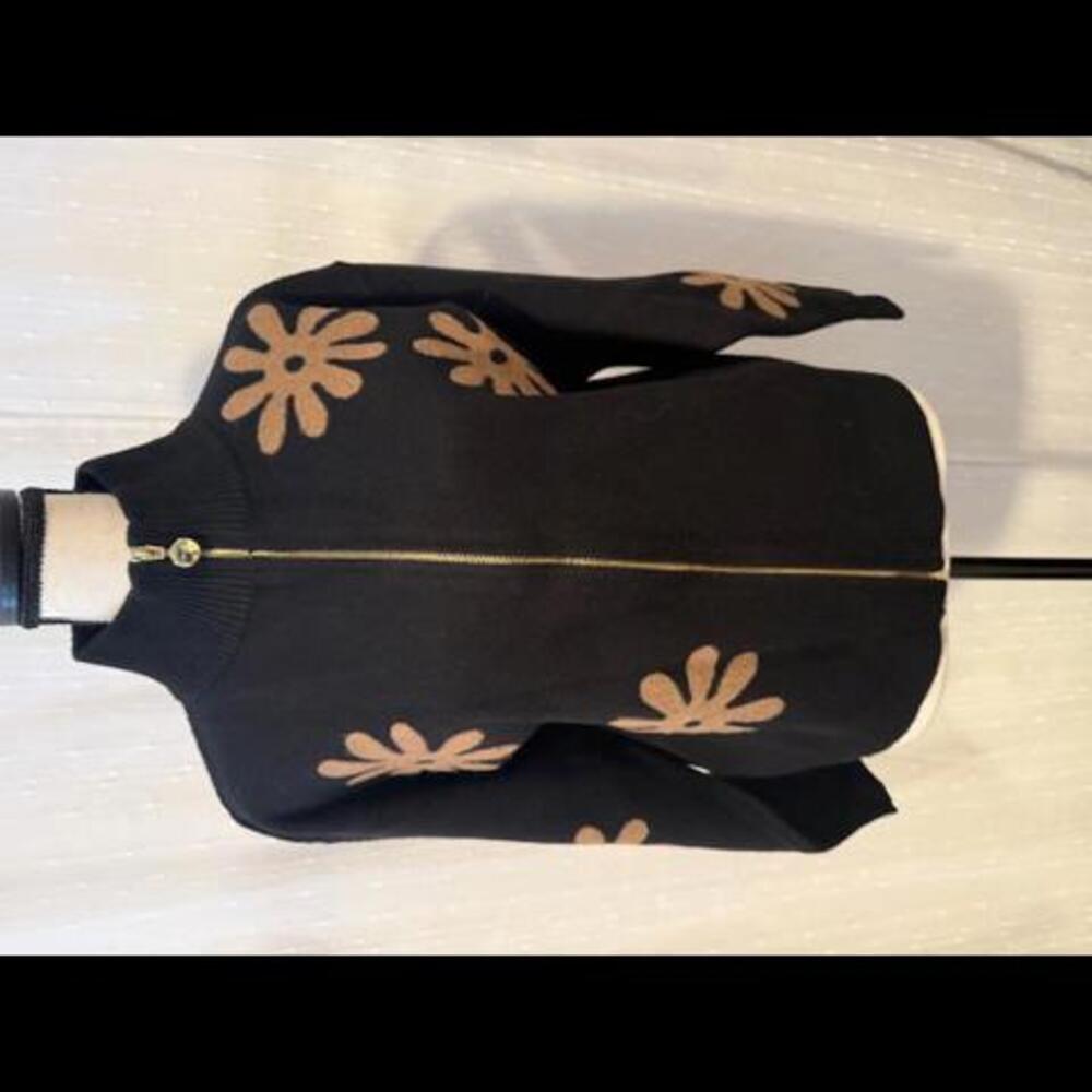 SIONI FLORAL EMBROIDERED SWEATER BLACK TAN FLOWERS GOLDEN HARDWARE SIZE SMALL